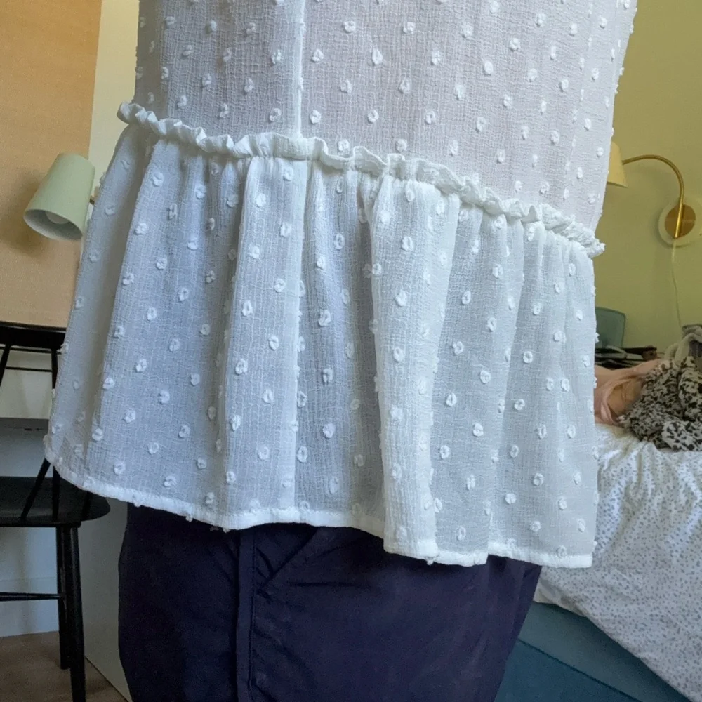 Anthropologie Cream Swiss Dot Ruffle Yoke Blouse